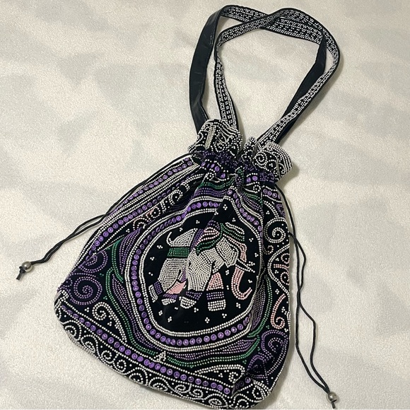 Boho Elephant Beaded Tote Bag – Purple, Green & White Tribal Design